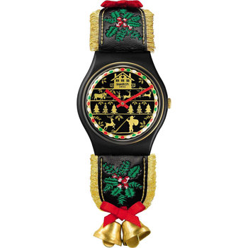 SWATCH Holiday collection Golden Merry Black Leather Strap