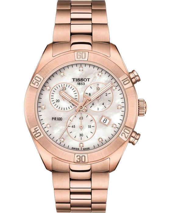 TISSOT T-Classic PR 100 Sport Chic Crystals Chronograph Rose Gold Stainless Steel Bracelet