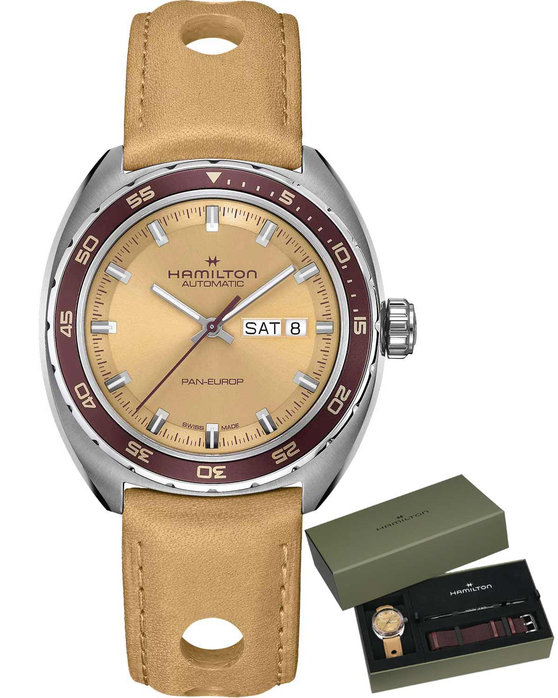 HAMILTON American Classic Pan Europ Automatic Beige Leather Strap Gift Set