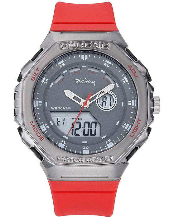 TEKDAY Dual Time Chronograph Red Plastic Strap