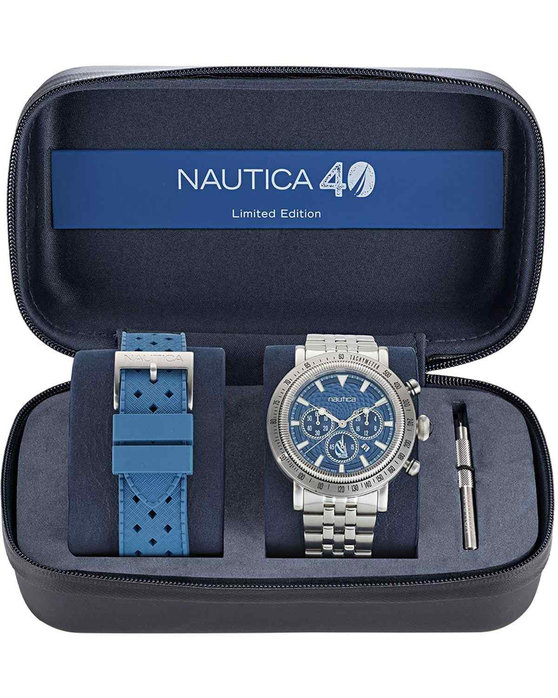 NAUTICA Spettacolare 40th Anniversary Chronograph Silver Stainless Steel Bracelet Gift Set Limited Edition