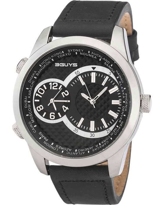 3GUYS Dual Time Black Leather Strap