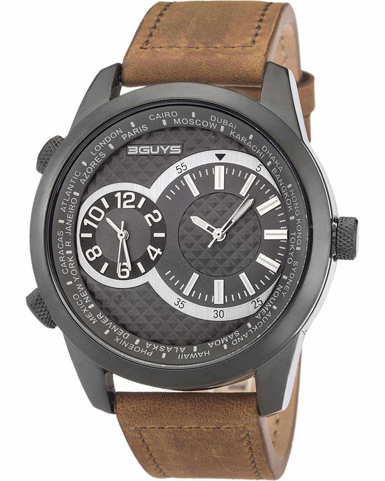 3GUYS Dual Time Brown Leather Strap