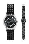 SWATCH Skin Classic Lights On Black Fabric and Leather Strap