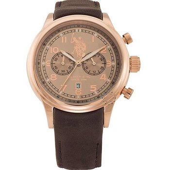 U.S. POLO Chrono Rose Gold Brown Leather Strap