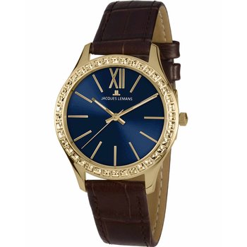 Jacques LEMANS Rome Crystals Gold Brown Leather Strap