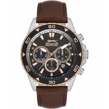 SLAZENGER Dual Time Brown Leather Strap