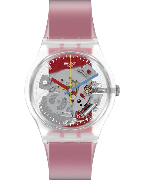 SWATCH Clearly Red Striped with Pink Silicone Strap