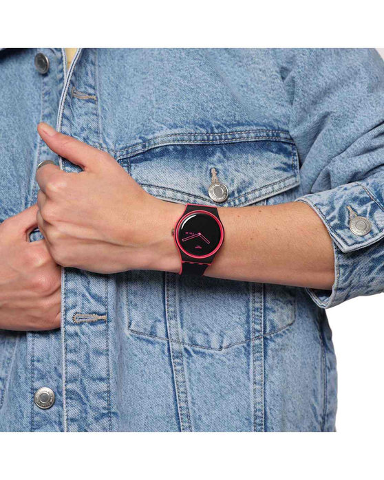 SWATCH Minimal Line Pink with Black Silicone Strap