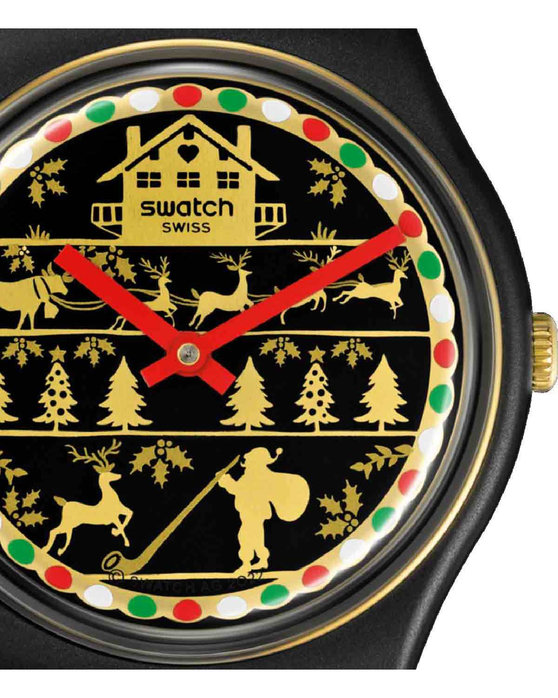 SWATCH Holiday collection Golden Merry Black Leather Strap
