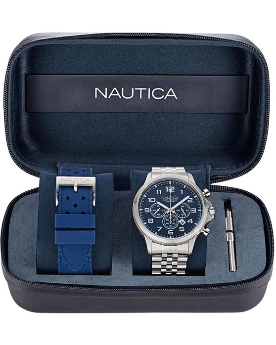 NAUTICA NCT Blue Ocean Chronograph Silver Stainless Steel Bracelet Gift Set